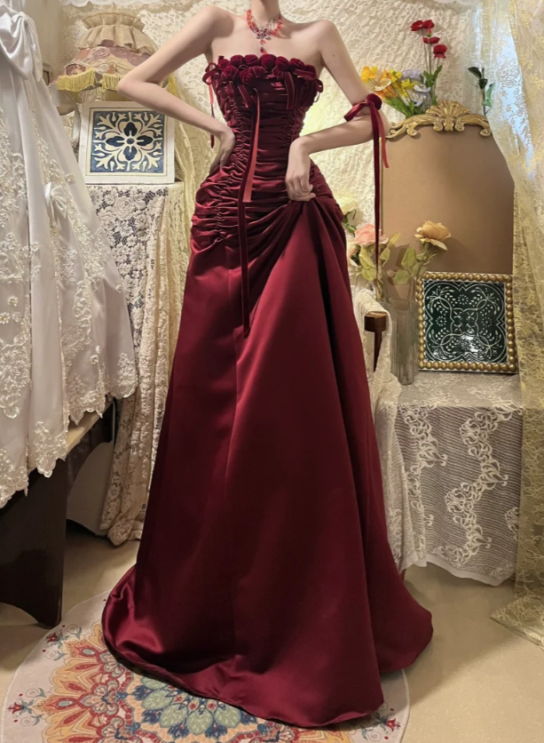 Pretty Strapless Burgundy Satin Pleated Mermaid Party Dress Long Wedding Guest Dress With 3D Flowers - View 3 | FashionDia