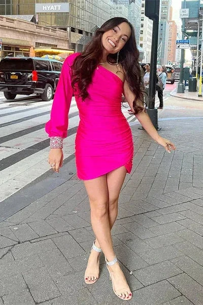 Short Mermaid Asymmetrical Ruffles One Sleeve Open Back Homecoming Dress Y1832 by simplepromdress