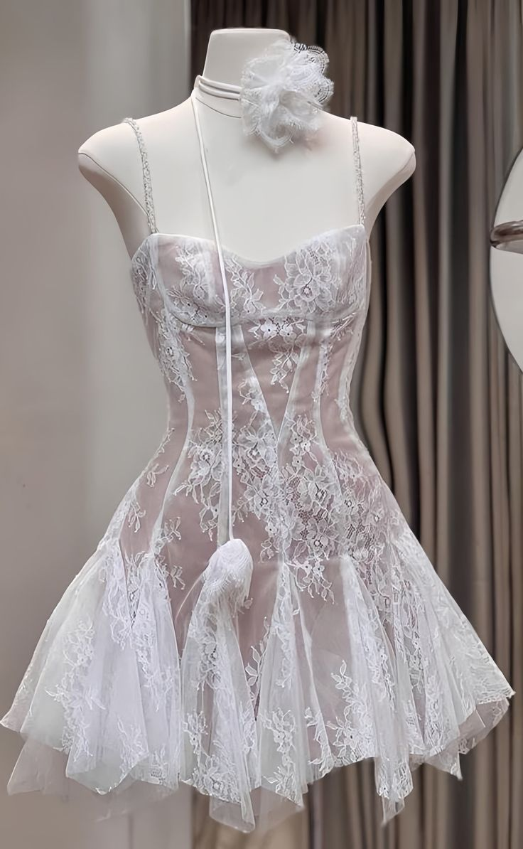 Elegant Spaghetti Straps Tulle Lace A-Line Short Prom Dress Formal Homecoming Dress - FashionDia