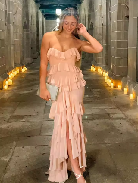 Elegant Pink Strapless Chiffon Slit Evening Dress Ruffles Party Prom Dress