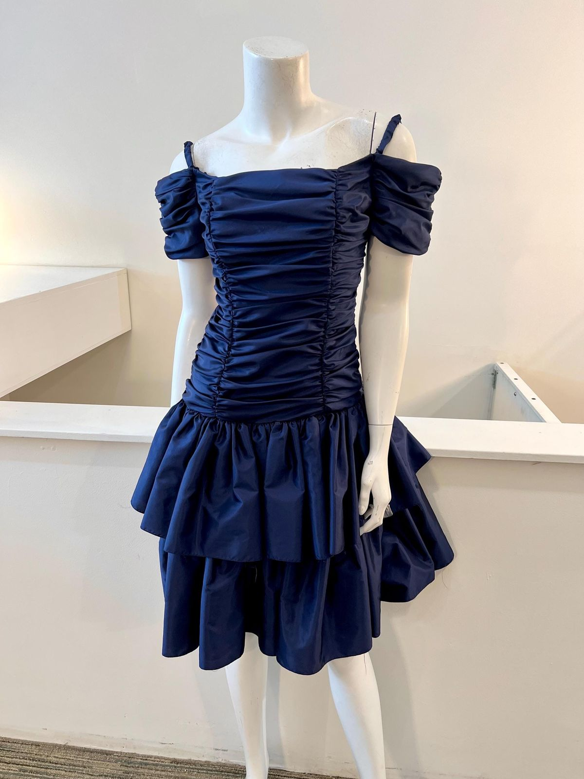 Fashion Navy Blue Satin Pleated Off-the-Shoulder Short Party Dress Formal 8th Grade Homecoming Dress - FashionDia
