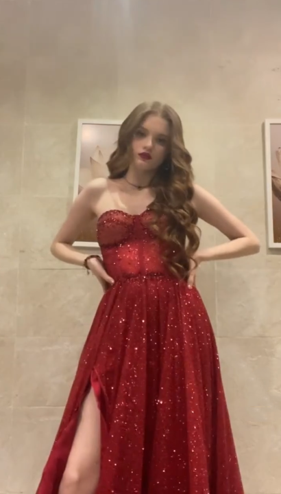 Sparkly Red Strapless Tulle Sequin Slit A Line Long Party Dress Formal Evening Gown