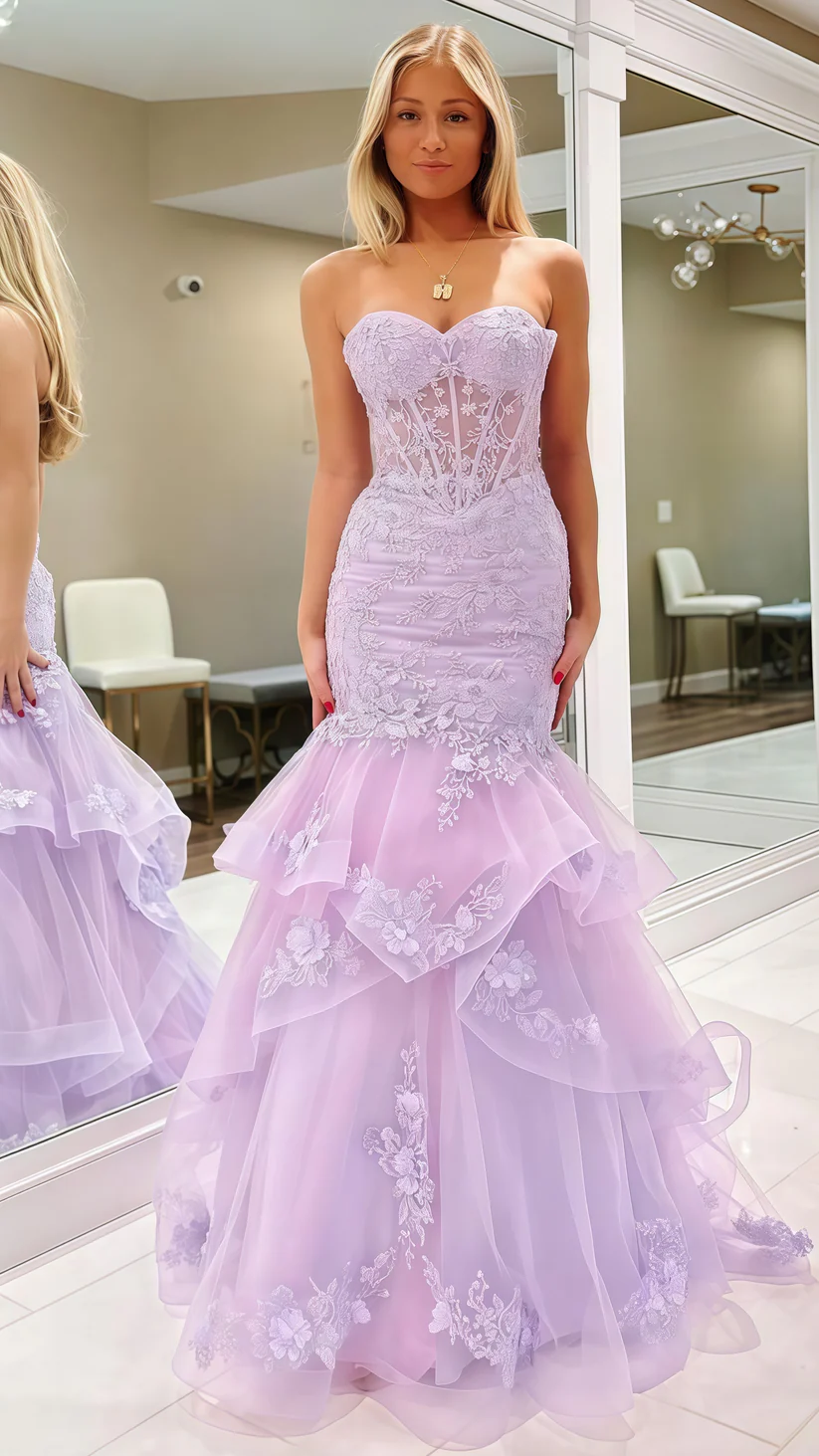 Charming Strapless Lilac Tulle Appliques Evening Dress Mermaid Prom Party Dress