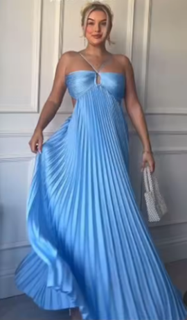 Sexy A Line Spaghetti Straps Blue Backless Prom Dresses Long Party Dress