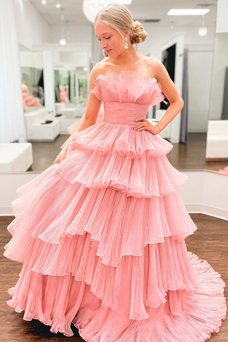 Strapless Layered Pink Tulle Long Prom Dress, Long Pink Formal Evening Dress