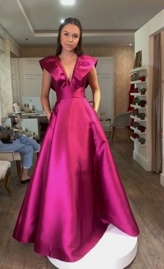 Romantic Formal Evening Dresses Simple Evening Dress Deep V Neck Long Dress Lady Girl Satin Prom Dress