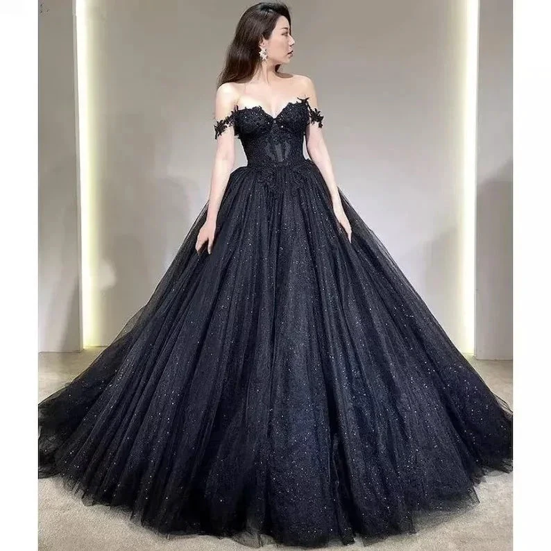 Lace Applique Tulle Dress, Black Glitter Wedding Dress, 3D Flowers Long Evening Dress Y1625 by simplepromdress