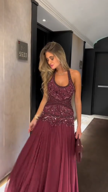 Vintage Halter Chiffon Beaded Prom Dress Long Mermaid Evening Dress