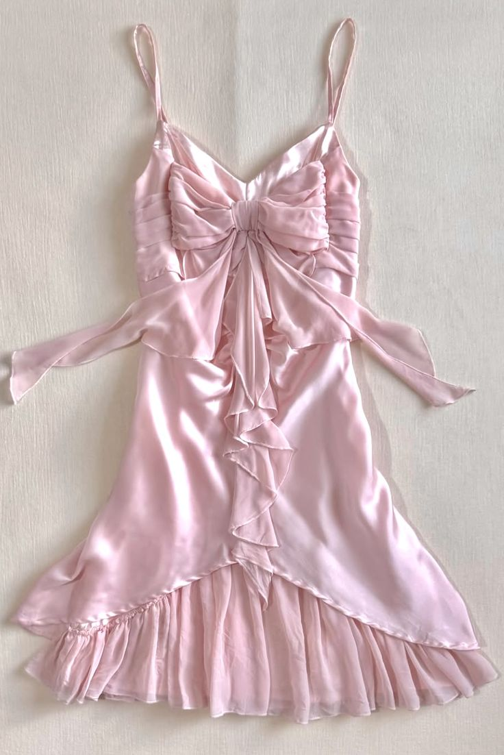 Cute Pink Spaghetti Straps Satin Chiffon Bow Sheath Short Birthday Outfits Formal Homecoming Dress