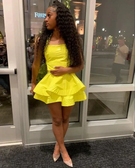 A-line Yellow Satin Short Homecoming Dress 8th Grade Prom Y497 by simplepromdress