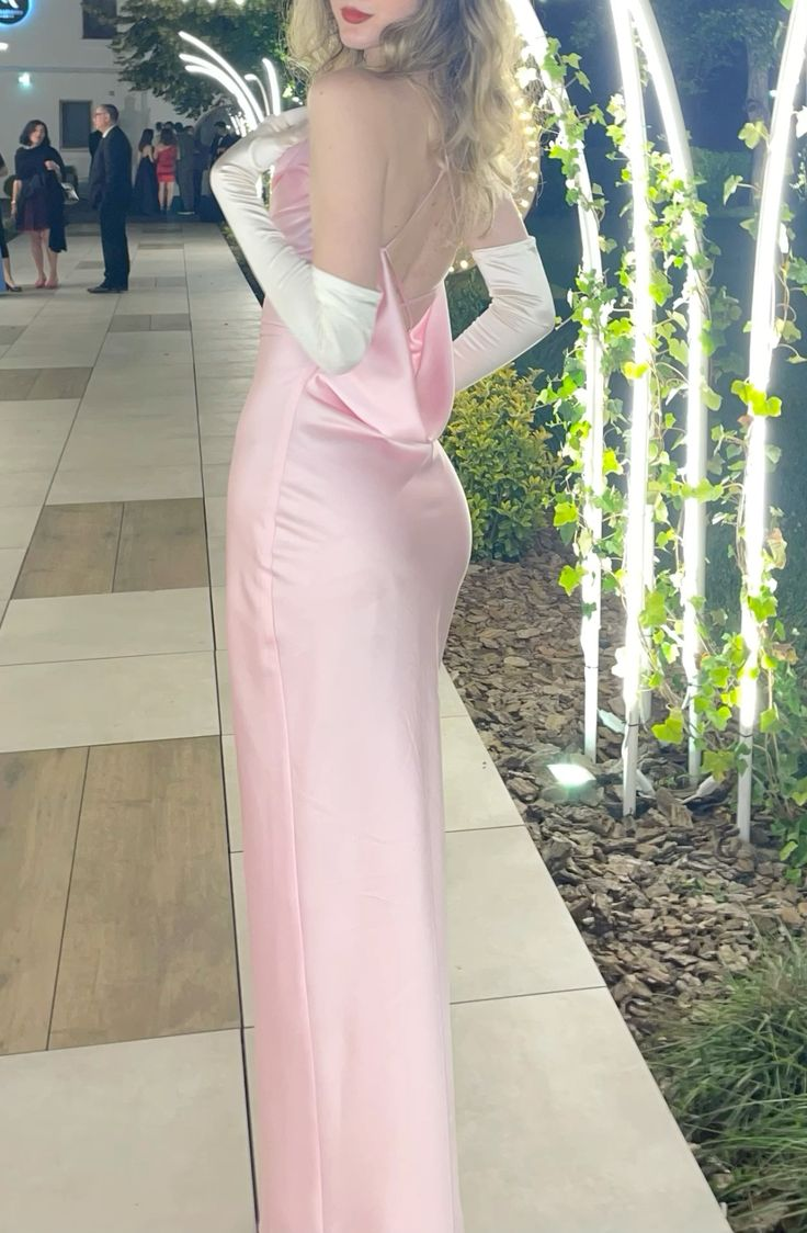 Classy Spaghetti Straps Pink Satin Backless Sheath Long Wedding Guest Dress Birthday Party Dress