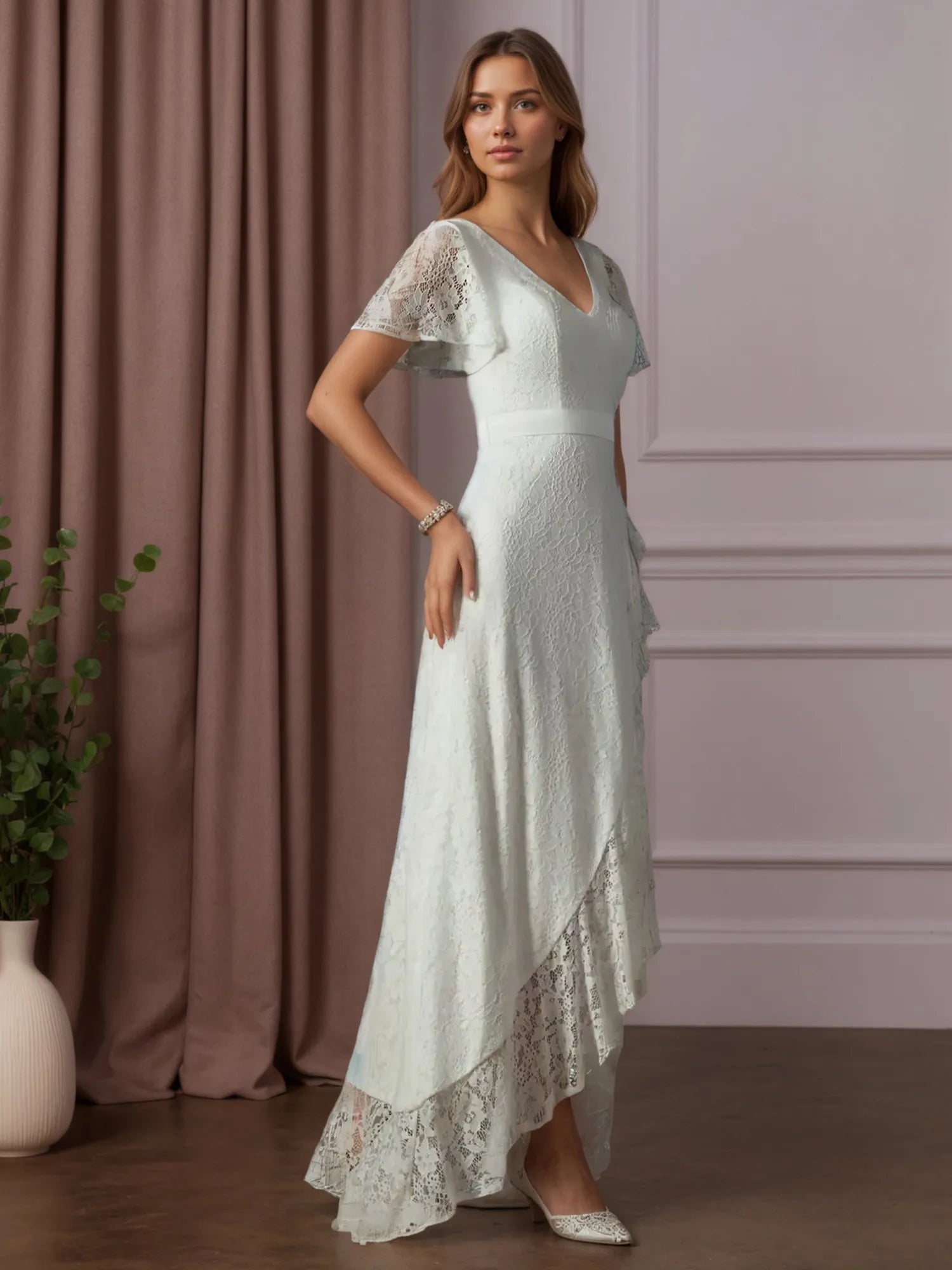White A-Line V-Neck Lace Wedding Dress
