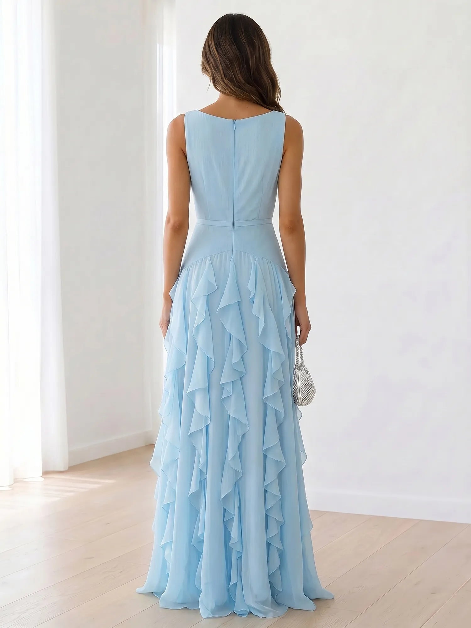 Sleeveless Tiered Chiffon Maxi Evening Gown with Ruched Bodice