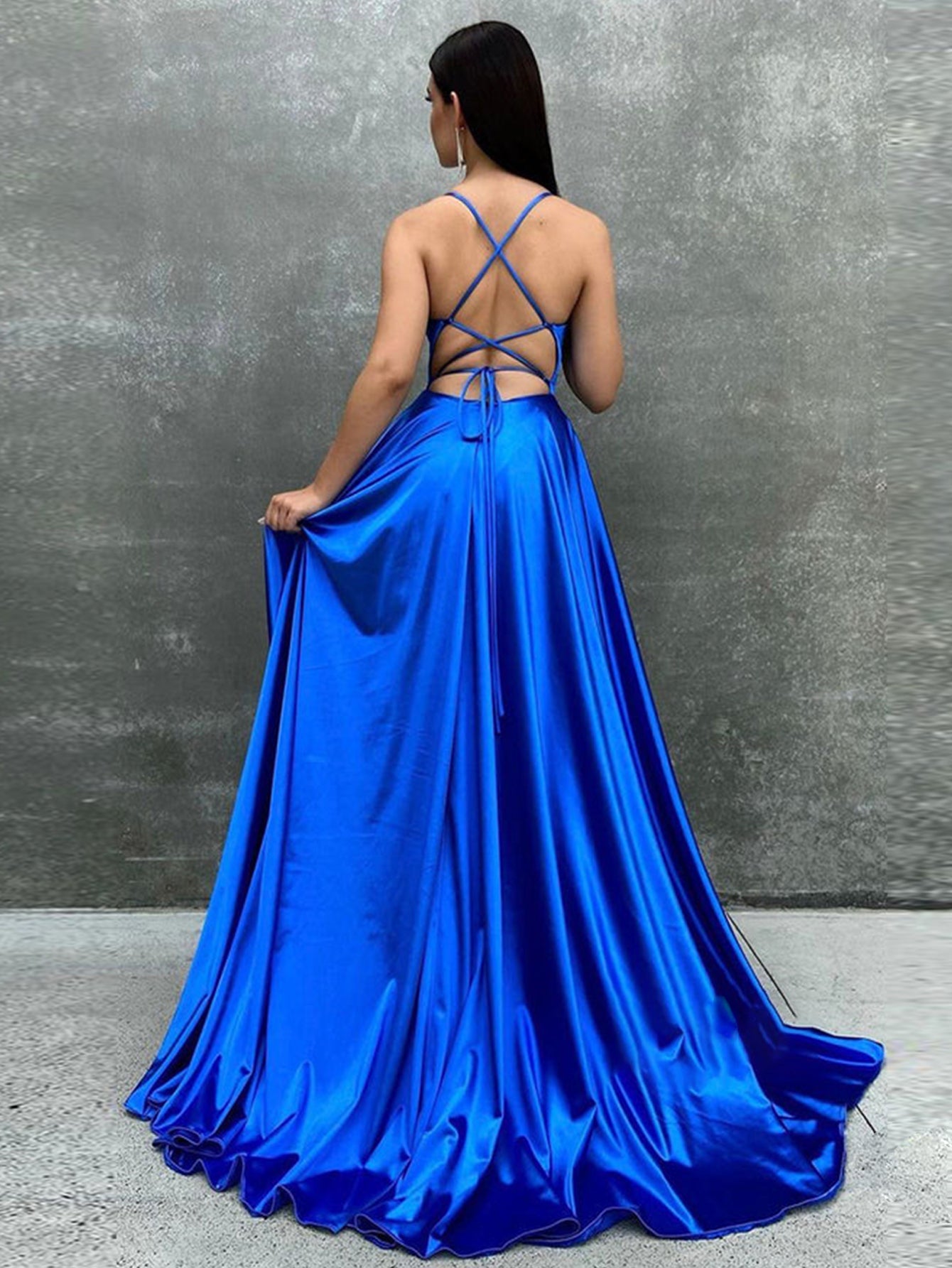 Royal Blue Satin A Line Tight Long Prom Dress With Slit - Fashionpara