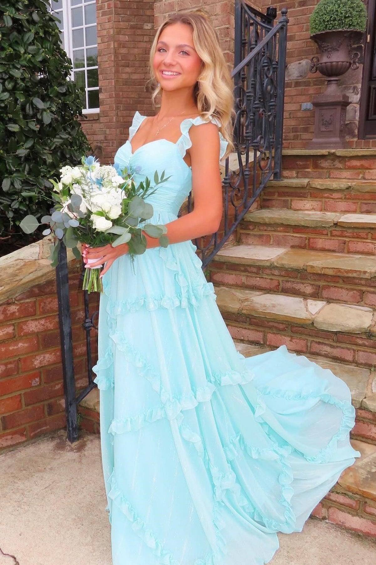 Charming A-Line Sweetheart Blue Long Prom Dress with Ruffles - FashionDia
