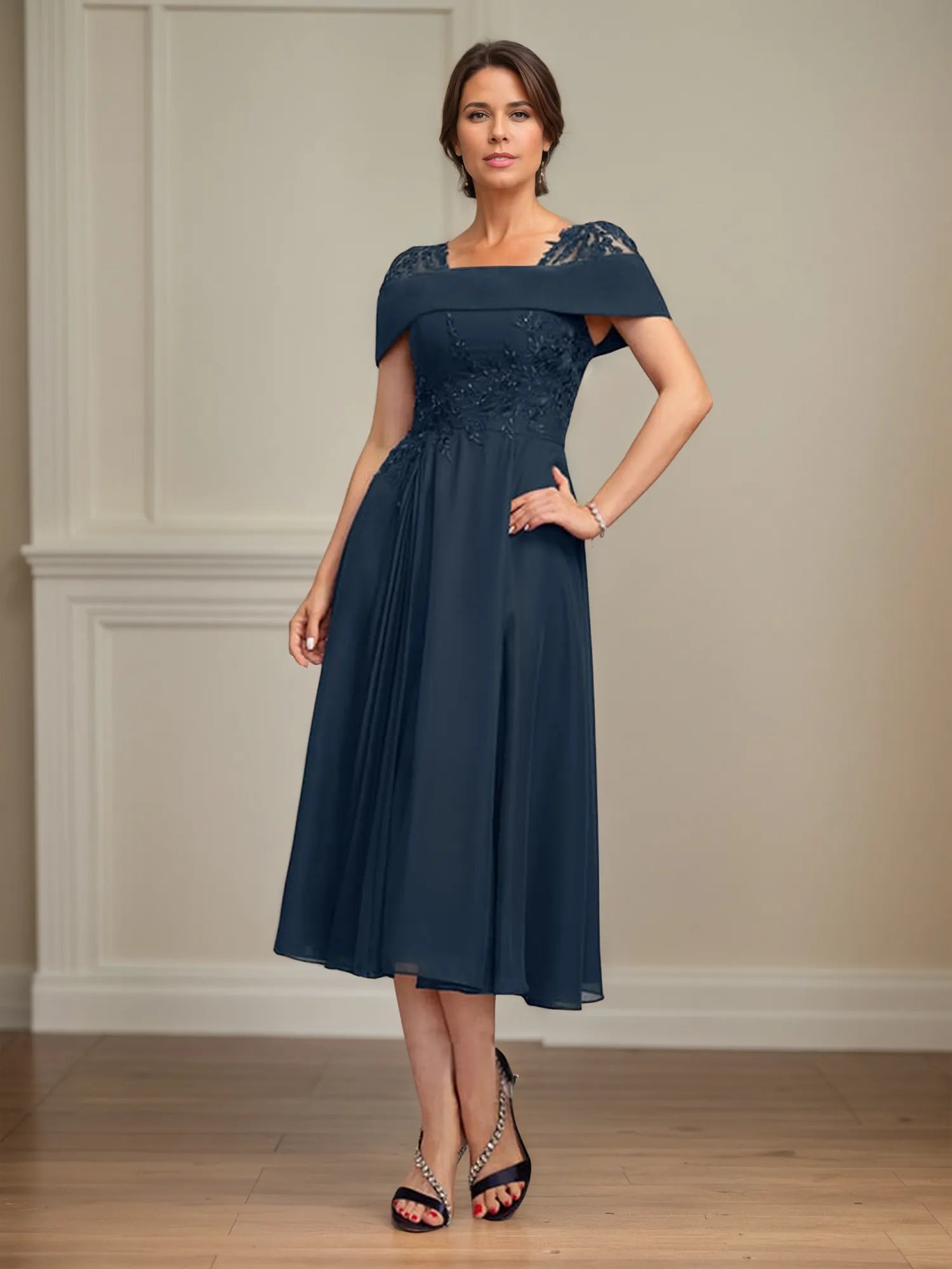 A Line Square Neck Tea Length Chiffon Mother of the Bride Dress With Pleated Sequins