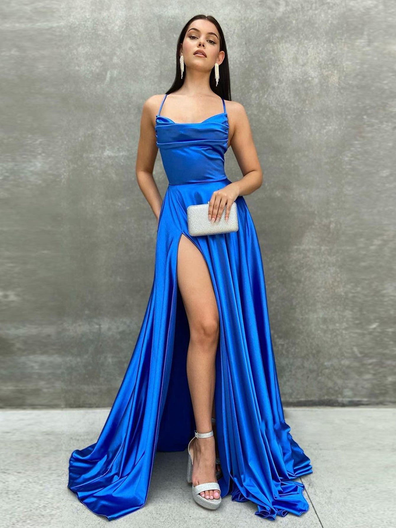 Royal Blue Satin A Line Tight Long Prom Dress With Slit - Fashionpara