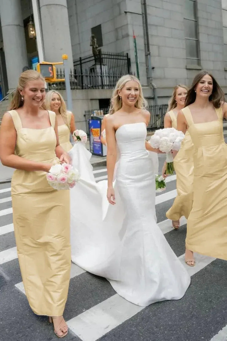 Pink Straps Sheath Square Neck Satin Sleeveless Long Bridesmaid Dress