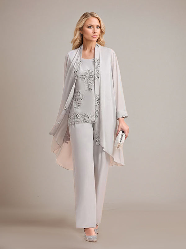 Elegant Sleeveless Appliques Silver Chiffon Mother of Bride Jumpsuit with Wrap