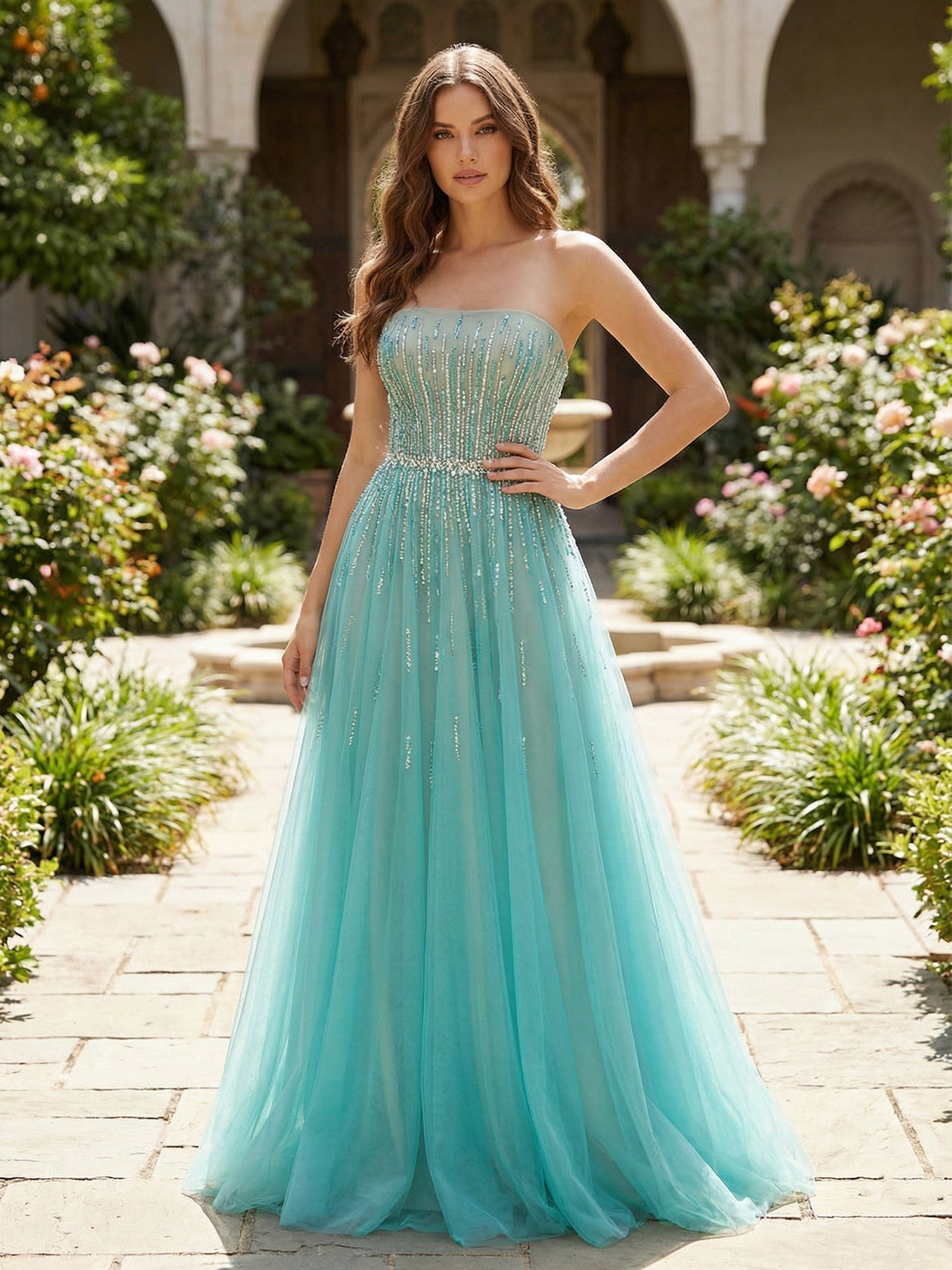 Strapless Beaded Tulle A-Line Long Prom Dress