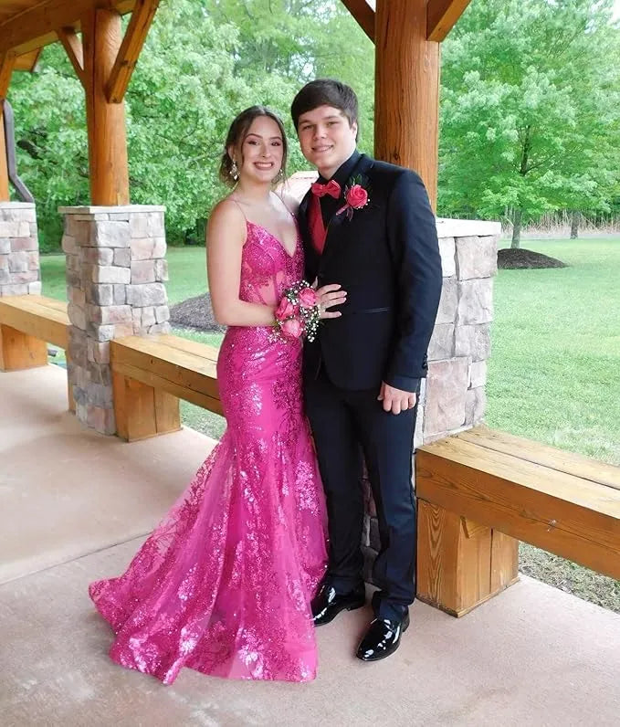 Trumpet/Mermaid Spaghetti Straps Sparkly Sequin Lace Applique Long Prom Dress