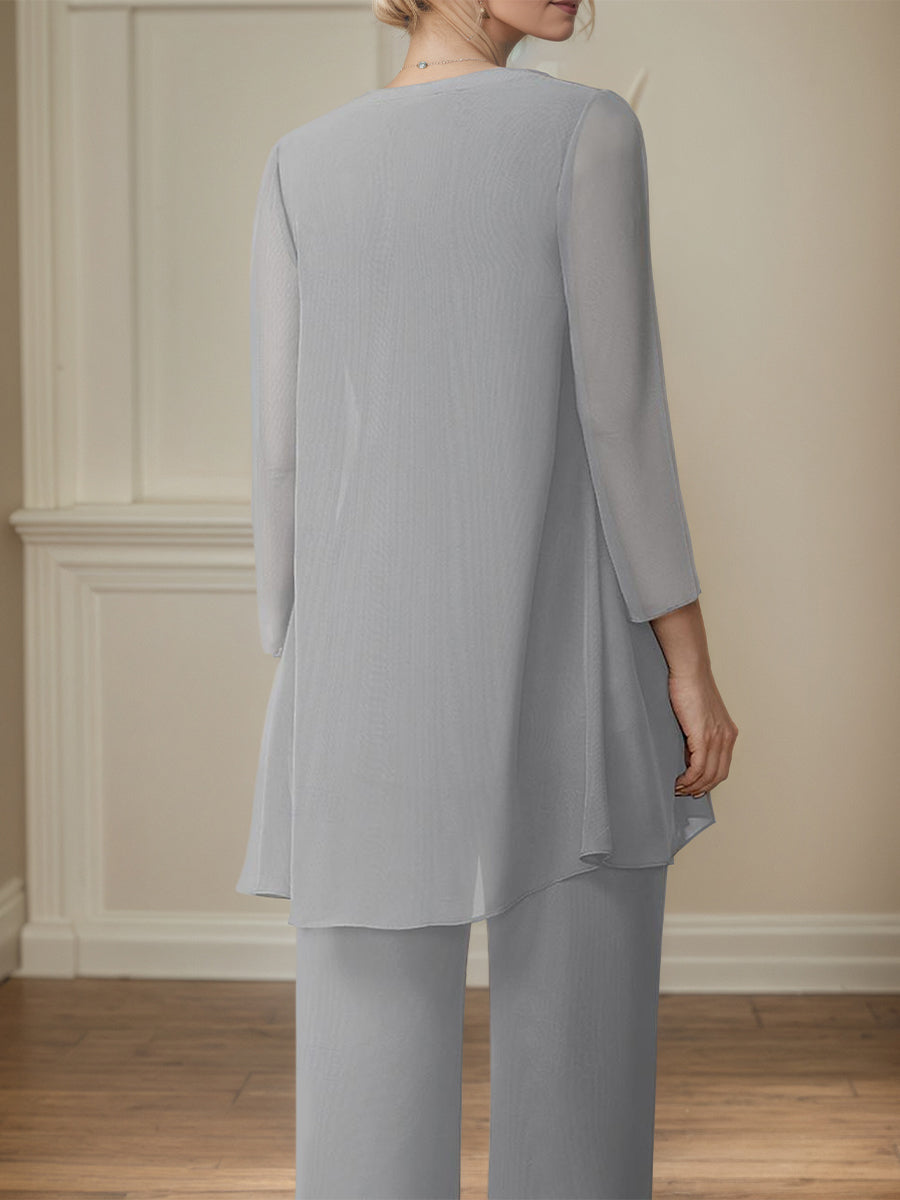 Elegant Scoop Neck Ankle Length Chiffon Mother of the Bride Pantsuits