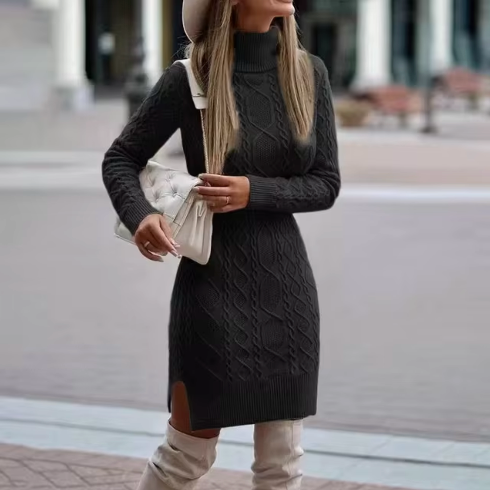Amelia Statement High Neck Knit Sweater Dress Evening Wear Edit