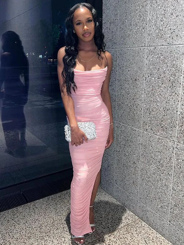 Strapless Pink Mermaid Side Slit Pleated Long Party Prom Dress