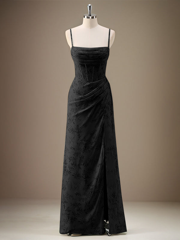 Black Sheath Spaghetti Straps Pleated Long Bridesmaid Dress with Slit