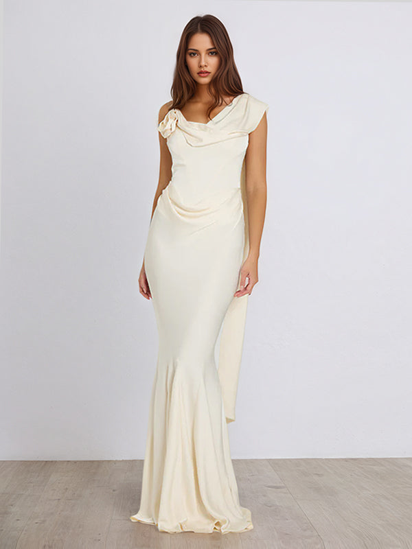 Ivory Satin Asymmetrical Neck Sleeveless Floor Length Dress With 3D Flower
