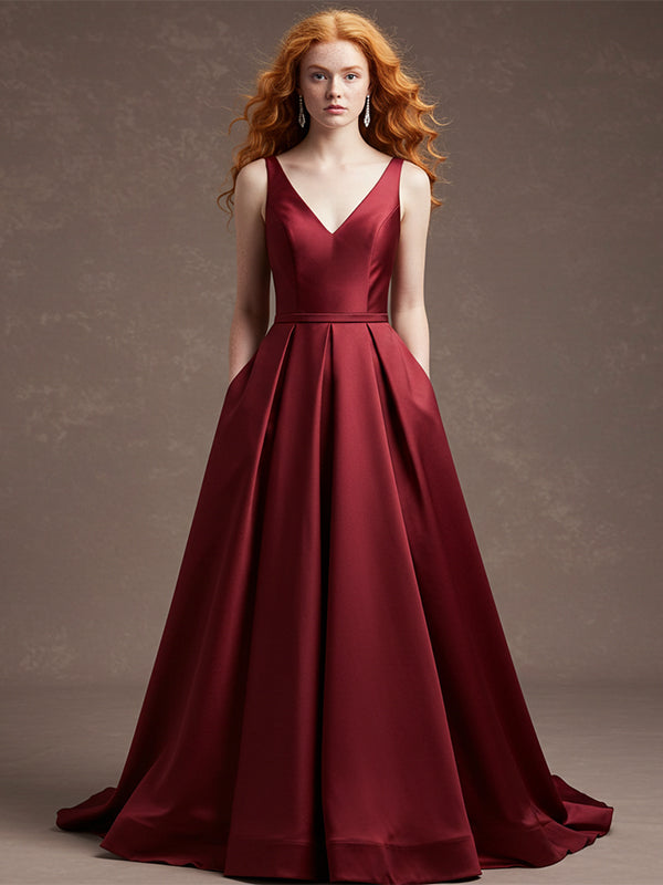 Burgundy Sheath/Column V-Neck Floor-Length Satin Prom Dress - FashionDia