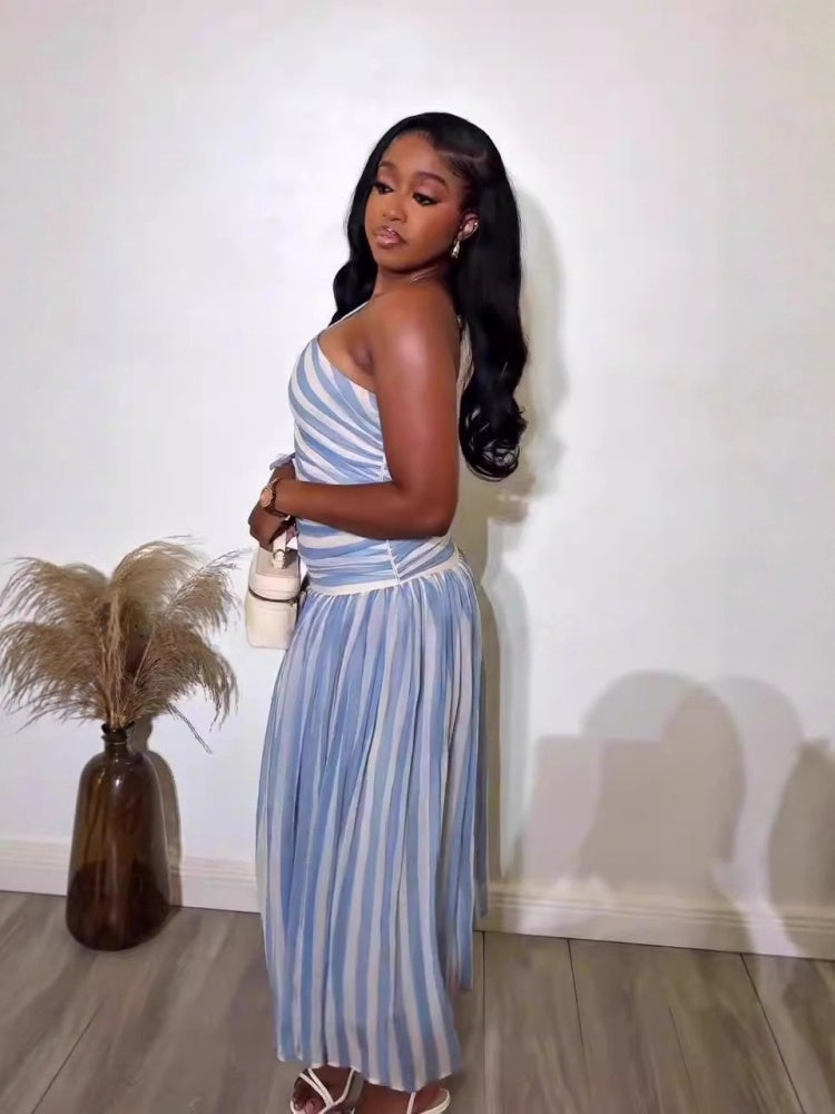 Off-Shoulder Slit  Stripe Maxi Dress