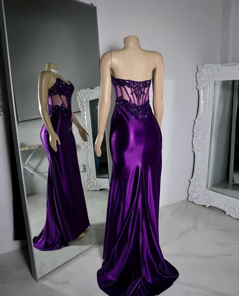 Luxury Purple Satin Lace Appliques Evening Dress,Mermaid Slit Party Prom Dress