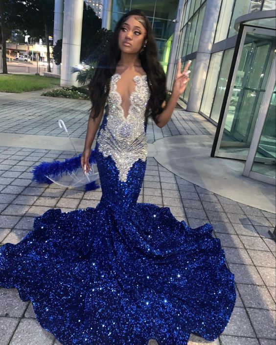 Royal Blue Sequins Mermaid Prom Dress Formal Evening Occasion Gowns