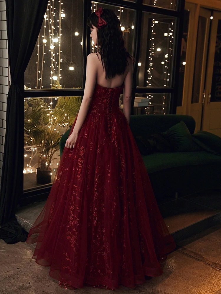 Wine Red Floral Lace and Tulle Long Evening Gown Party Dress Burgundy Formal Dresses Y1661 - View 3 | VelvetHem