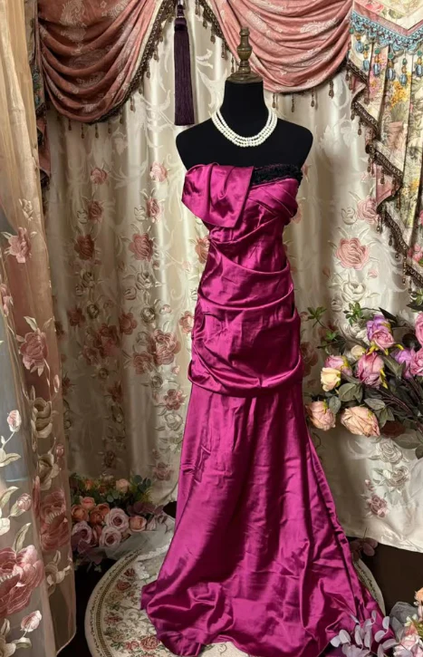 Retro Hot Pink Strapless Satin Pleated Mermaid Evening Dress Long Prom Gown