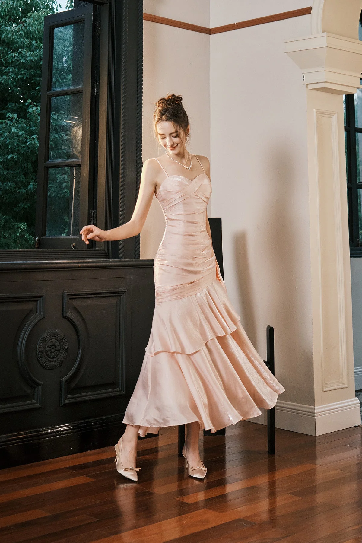 Sweet Pink Sweetheart Straps Mermaid Evening Dress Satin Long Prom Dress Y8092 - View 4 | VelvetHem