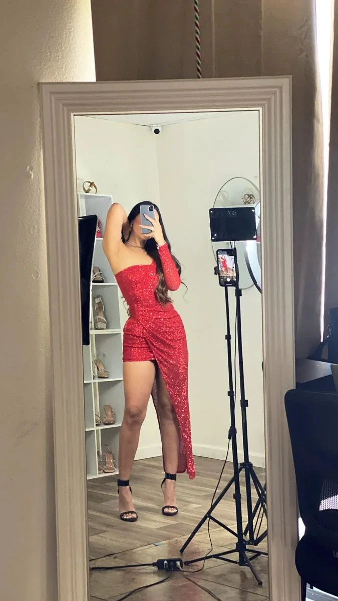 Chic Red Sequin Irregular Hem Party Dress Red Homecoming Dress Y4301 by simplepromdress