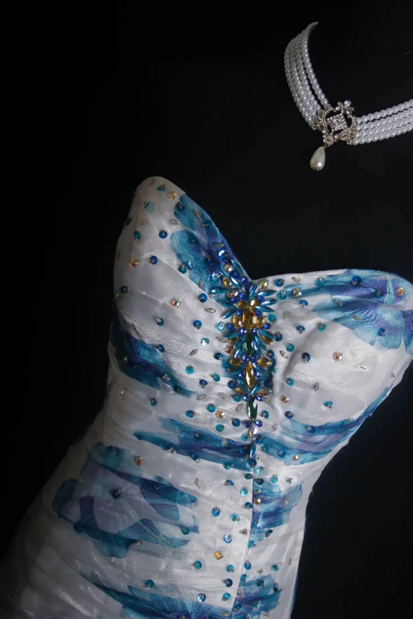 Elegant Sweetheart Neck Blue Tulle Print Floral Mermaid Long Prom Dresses Birthday Party Dress