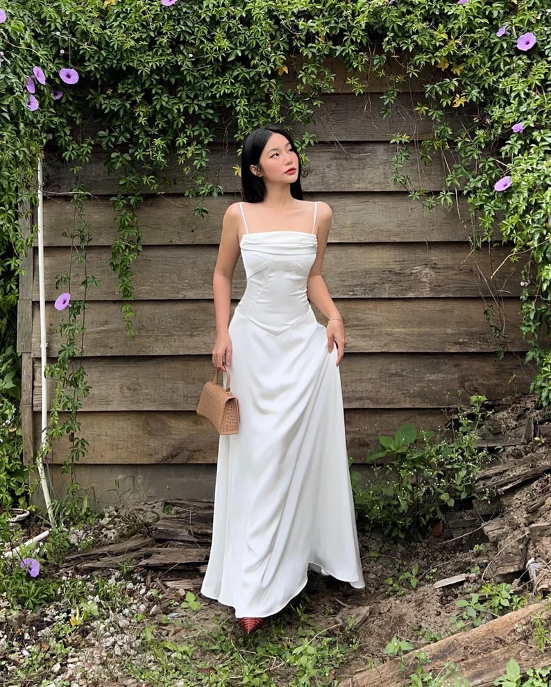 Simple White Satin Spaghetti Straps A Line Party Dress Elegant Prom Dress Evening Gown
