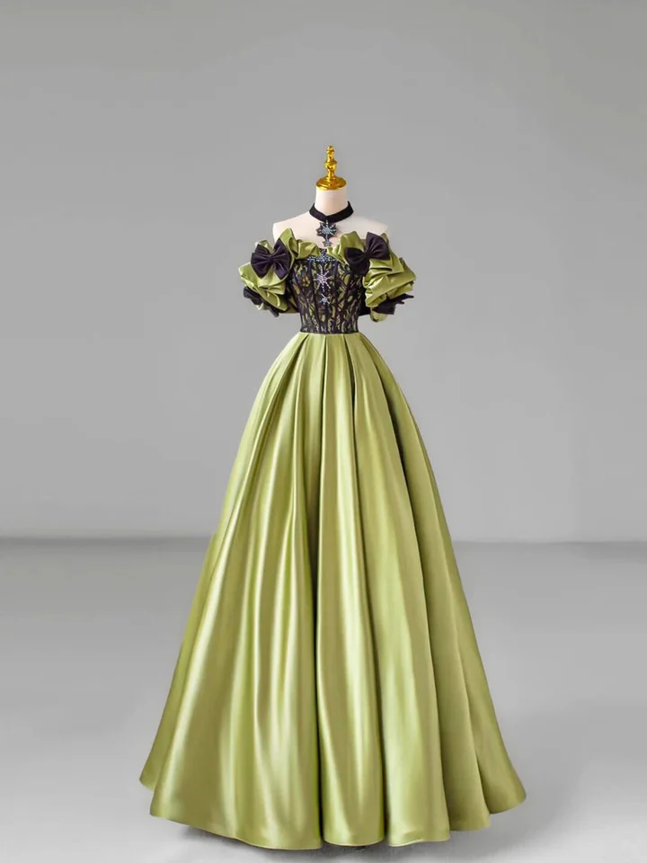 Vintage Off The Shoulder Ball Gown Green Satin Lace Bow Prom Dress
