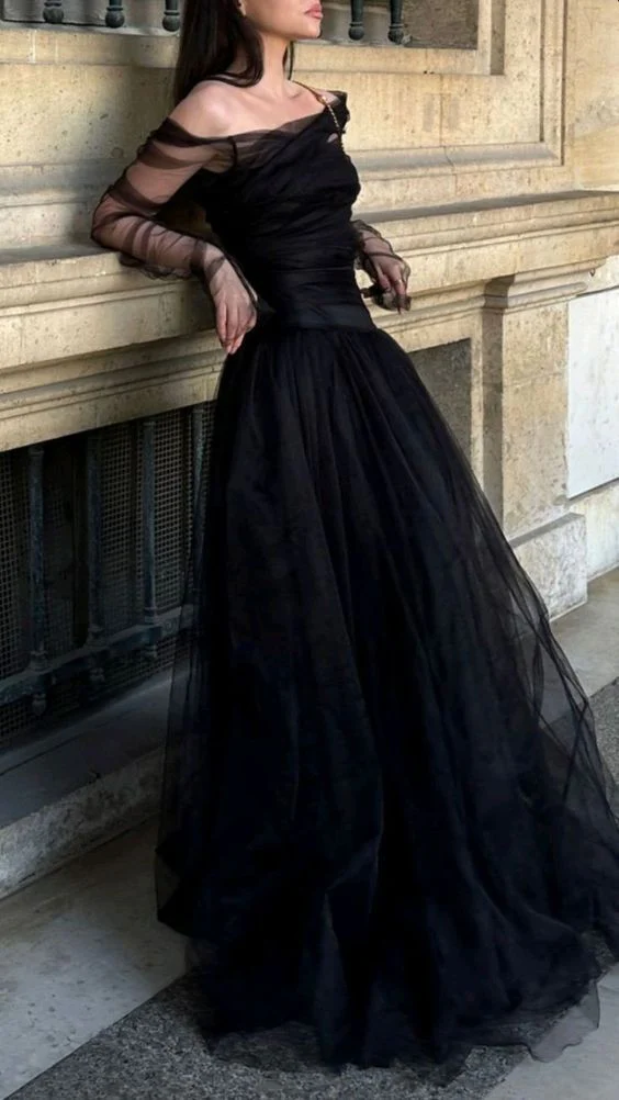 Chic Black Tulle Long Sleeves A Line Party Dress Prom Dress