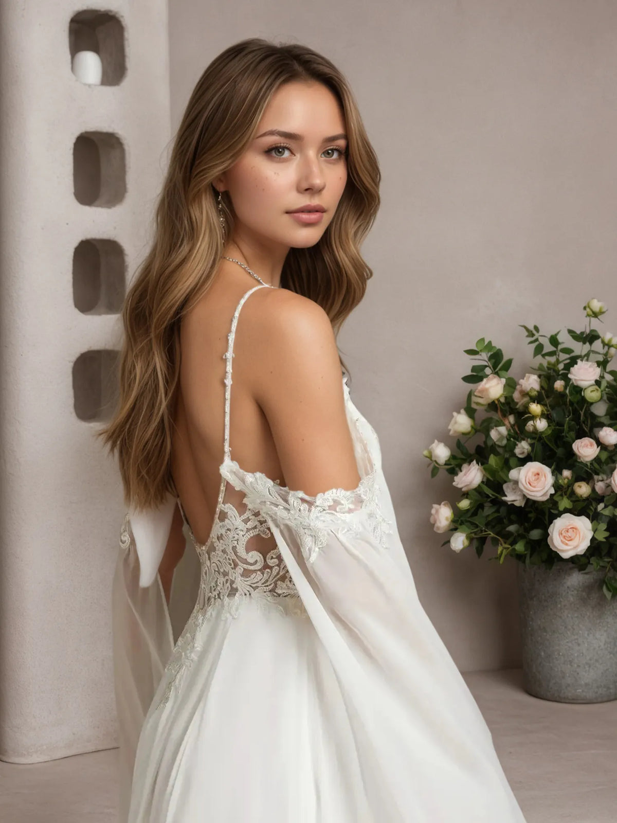 White A-Line Off-the-Shoulder Sleeveless Sequins Chiffon Wedding Dress - View 8 | FashionDia