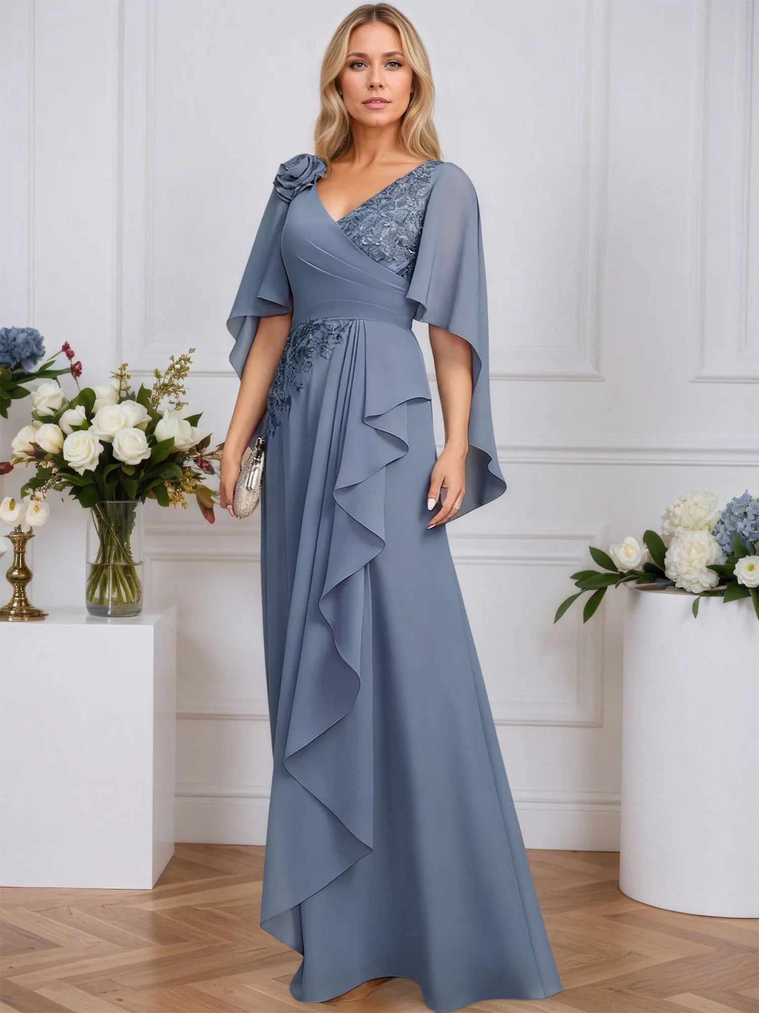 A-line V-Neck Floor-Length Lace Chiffon Mother of the Bride Dress With 3D Floral Sequins Cascading Ruffles