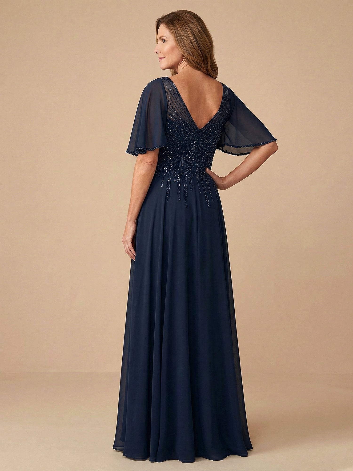 Flare Sleeves Sparky Sequins A Line Chiffon Mother of the Brides Dresses
