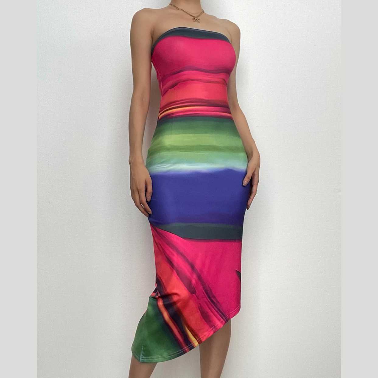 Contrast irregular backless tube midi dress