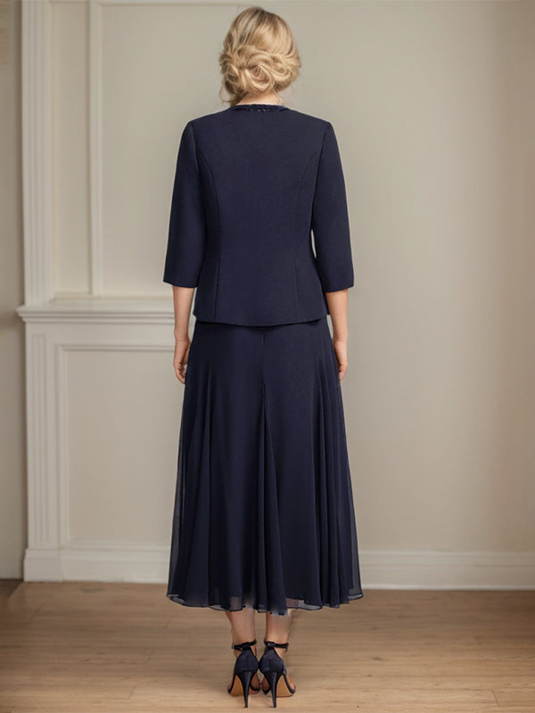 Separates A-line Scoop Tea-Length Chiffon Mother of the Bride Dress With Sequins Beading