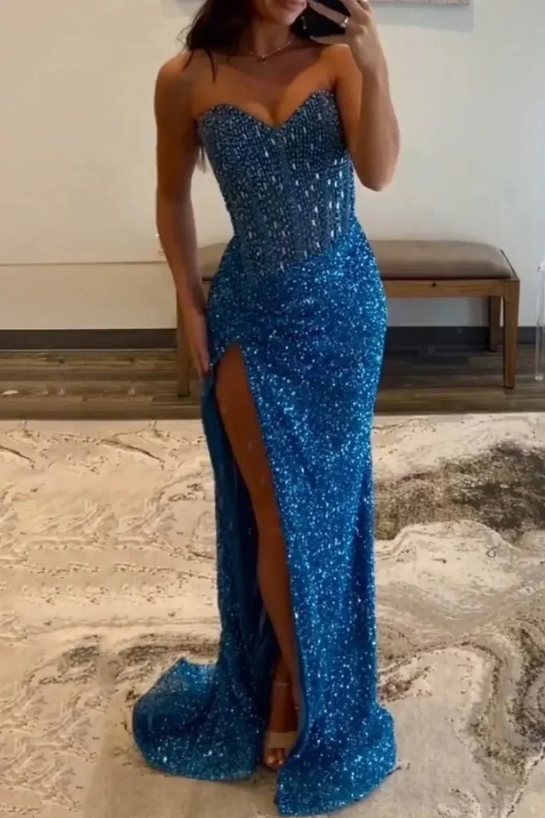 Sparkly Mermaid Sweetheart Gold Long Prom Dress with Beading - View 11 | FashionDia