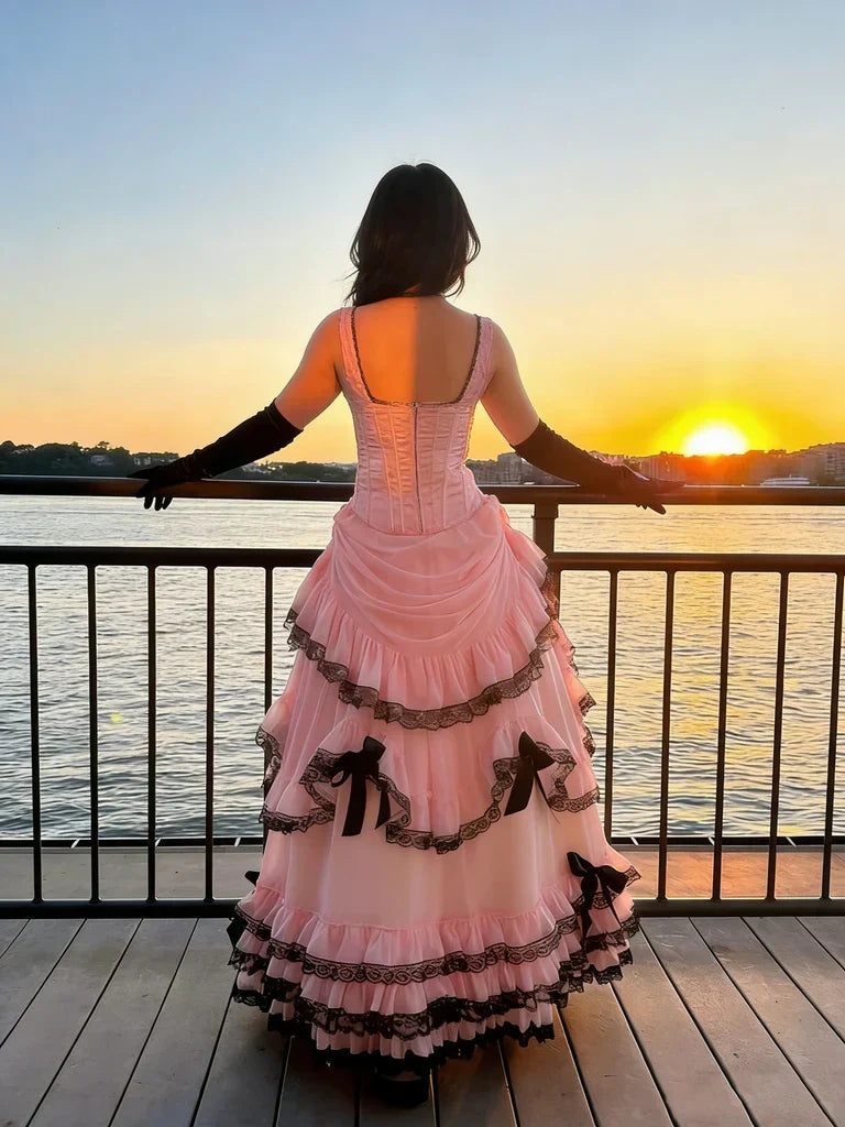 Princess Pink Spaghetti Strap Boned Bow Lace Tulle Long Prom Dress Evening Dress