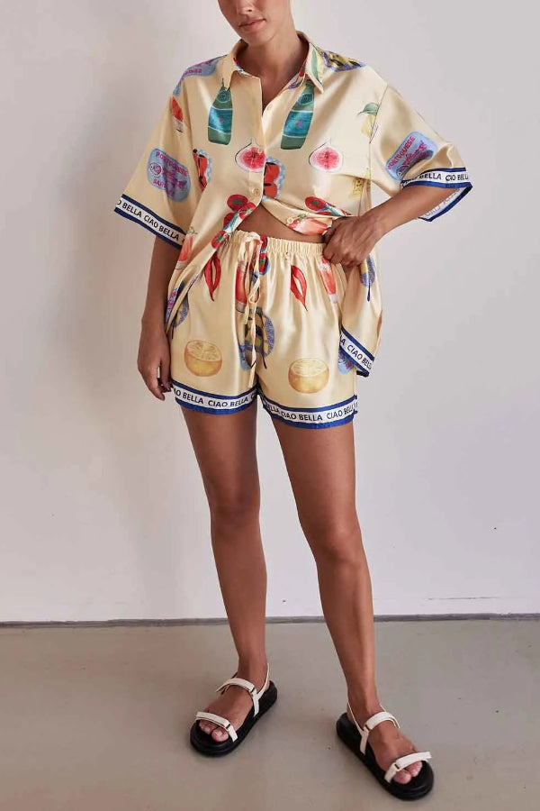 Unique Print Casual Lapel Cardigan Shorts Set
